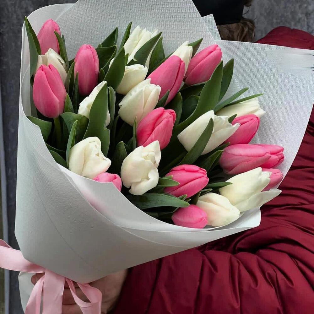 Розово-белые тюльпаны — свежие цветы с доставкой